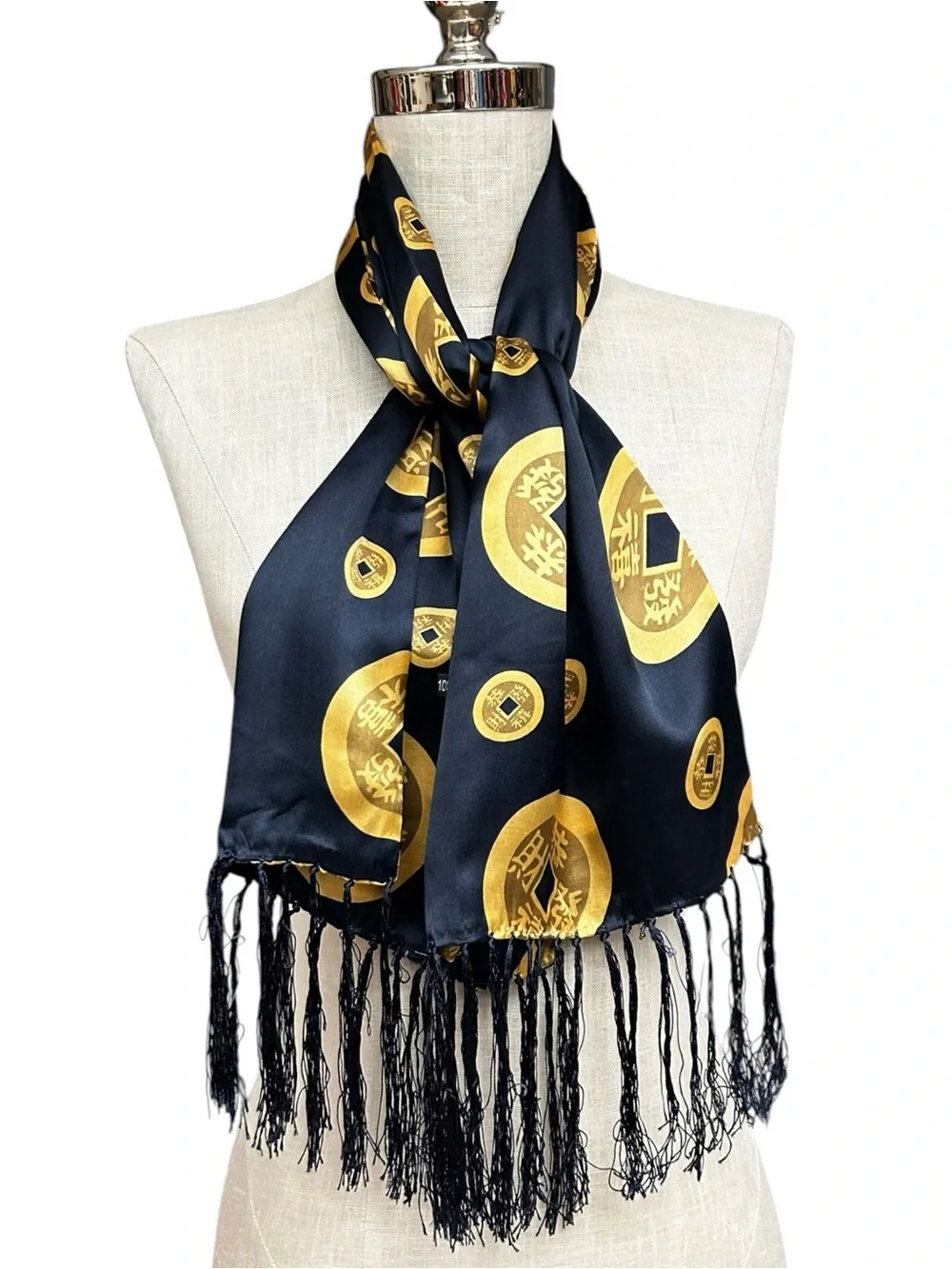 Black Gold Silk Feng Shui Coin Scarf Chinese Lucky Coin Fringe Wrap 44x11
